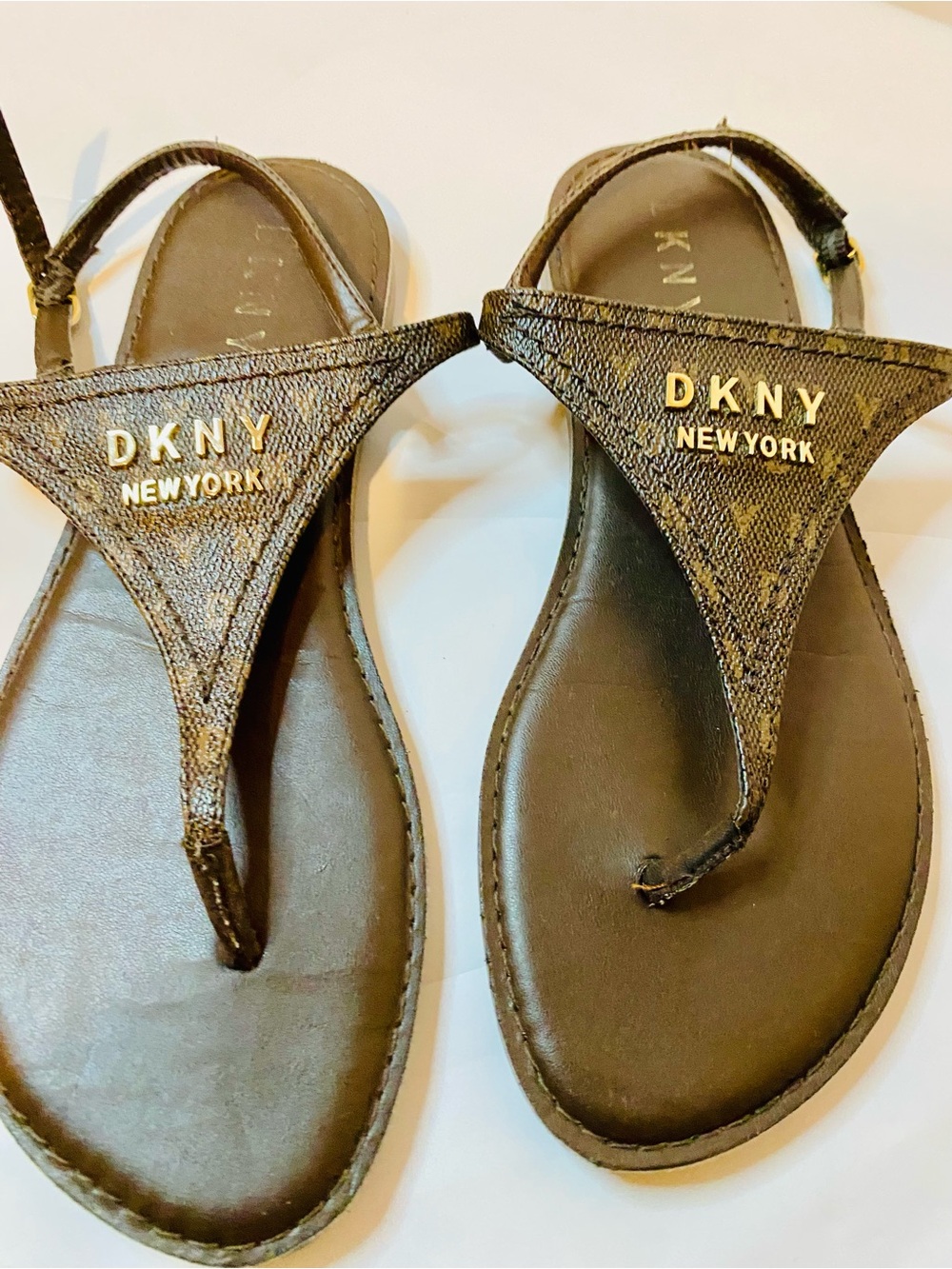 DKNY Brown Logo Thong Sandals with Gold Hardware